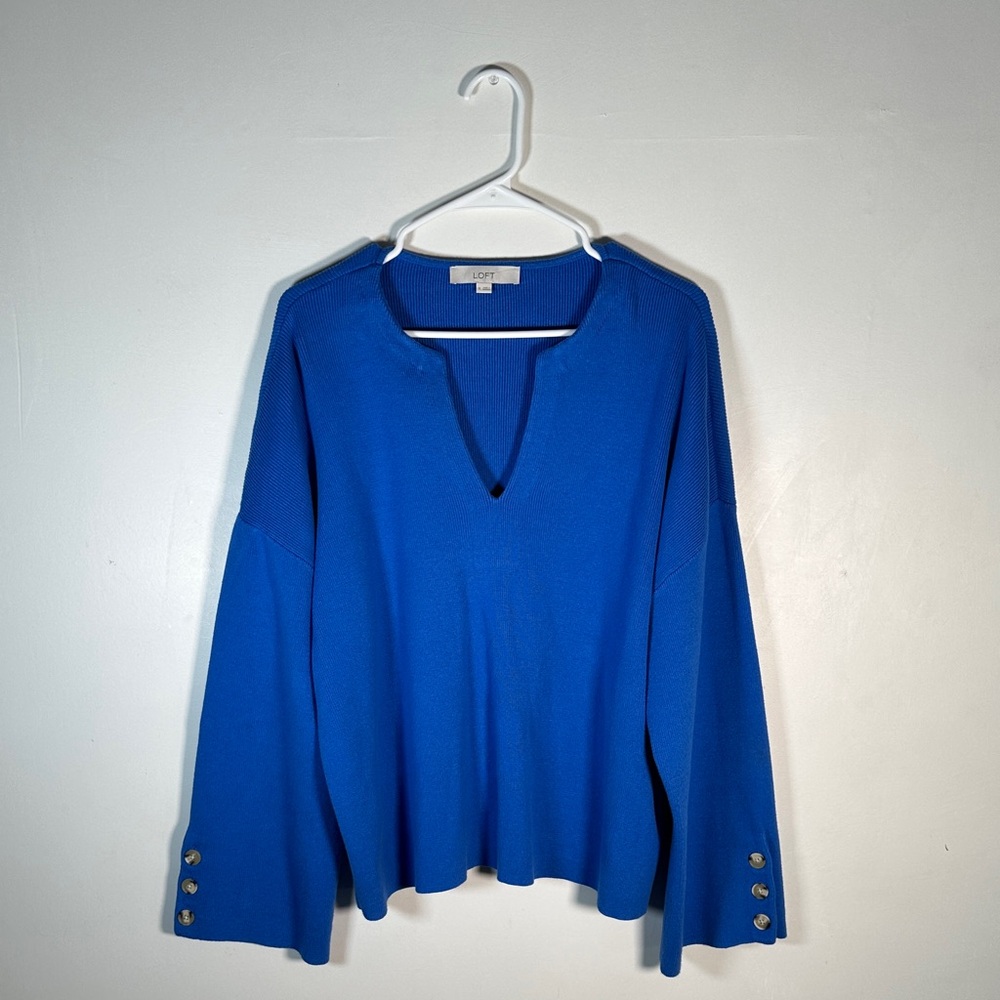 Loft Blue long-sleeved flared sweater, V-neck Size XL Cotton Casual Style - Picture 3 of 9